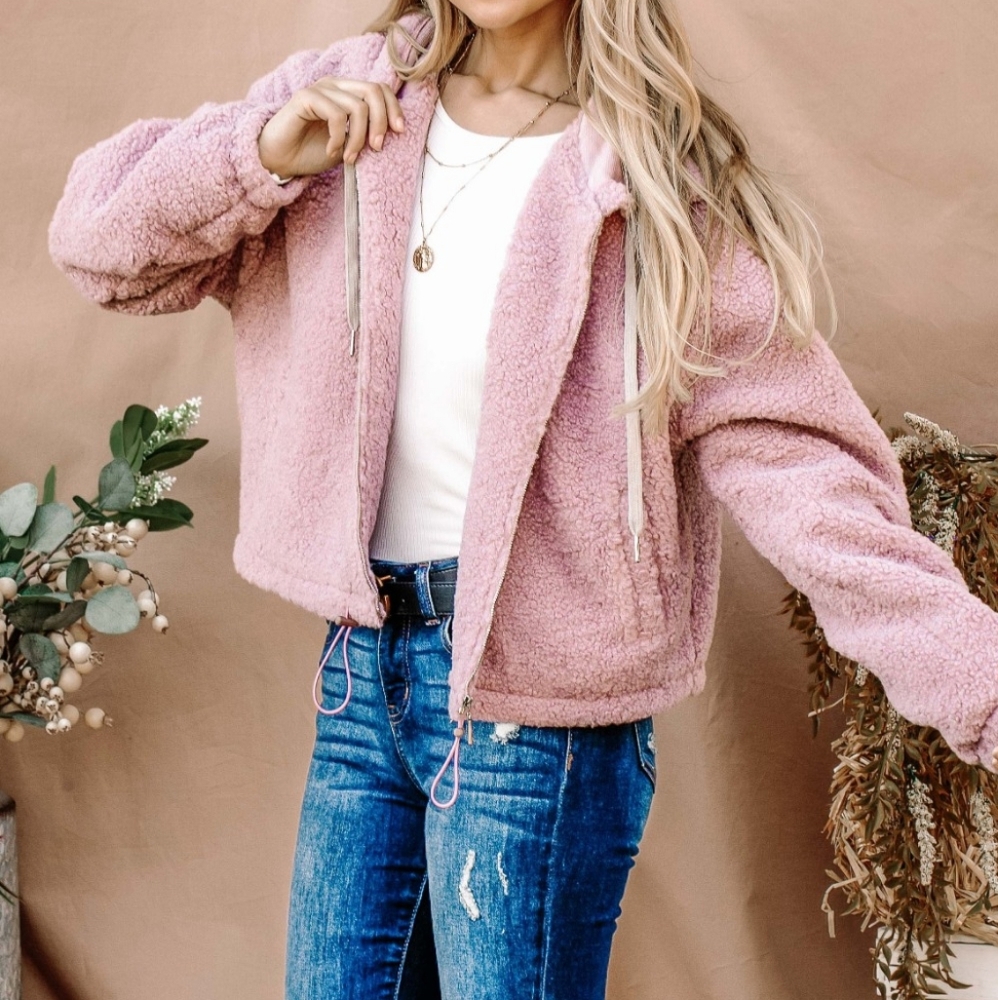Pink Sherpa Drawstring Cropped Hooded Jacket
